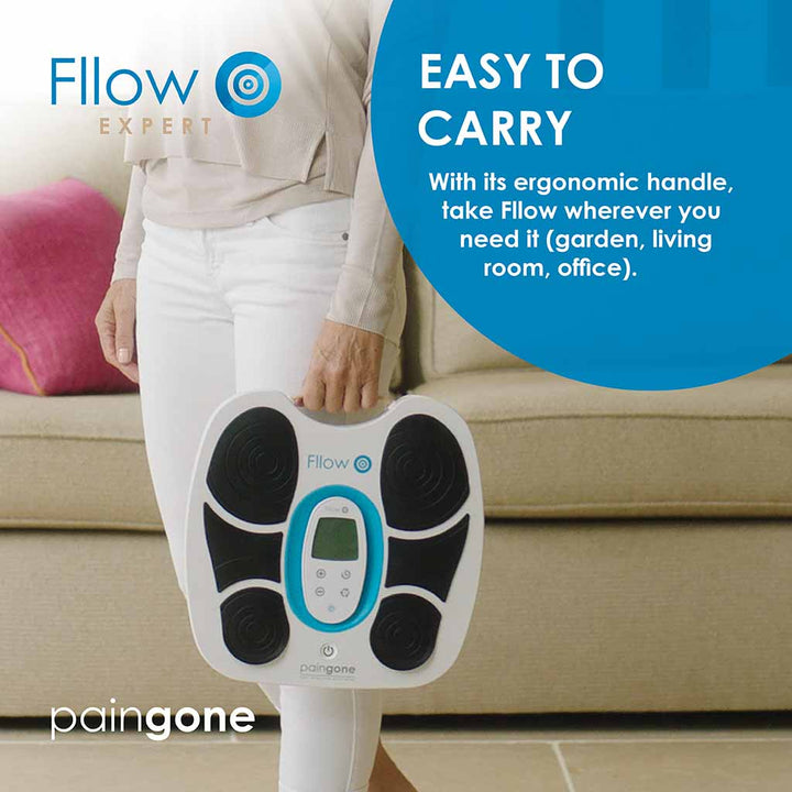 Image of a person carrying the Fllow device with the "with its ergonomic handle, take Fllow wherever you need it (garden, Living room, office)." message