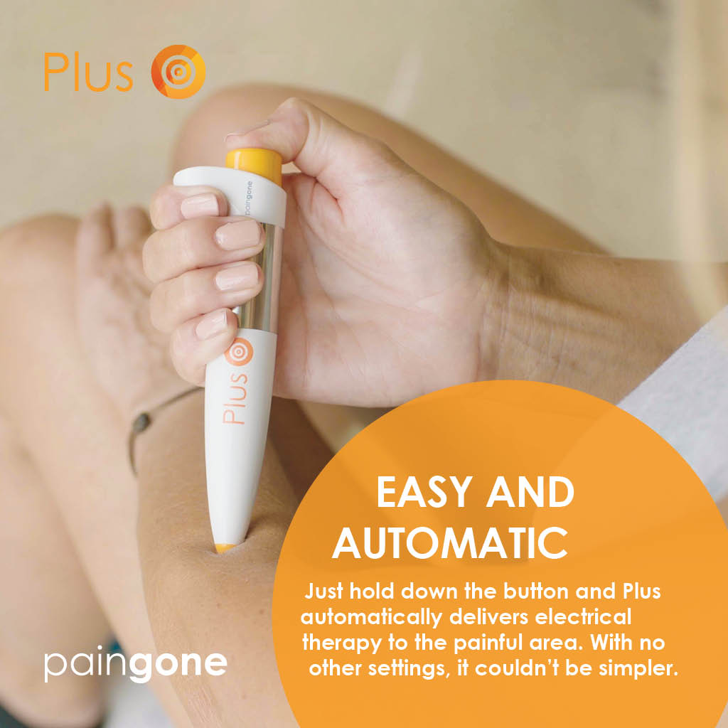 Image of a person using the Paingone Plus pen on the arm with the message "Paingone Plus is easy and automatic, just press &amp; hold on the affected area"