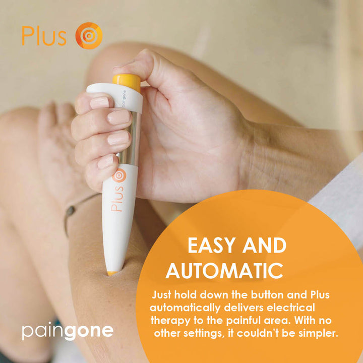 Image of a person using the Paingone Plus pen on the arm with the message "Paingone Plus is easy and automatic, just press &amp; hold on the affected area"