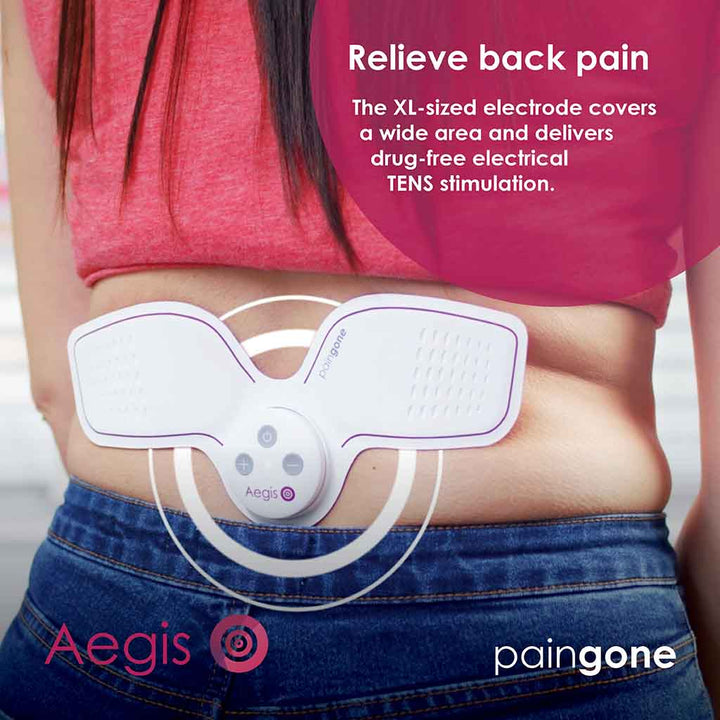 Paingone Aegis device on the back 
 with the message "The XL-sized electrode covers a wide area and delivers drug-free electrical TENS stimulation"