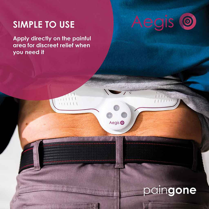 Paingone Aegis device on the back with the message "Aegis is simple to use. just apply directly on back and activate for discreet relief"